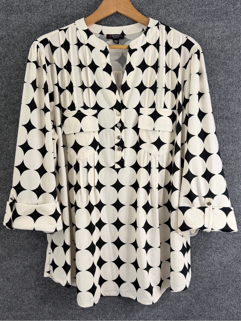 Cocomo Womens 2X Geometric Print Top Ivory Black 3/4 Sleeve Office Casual